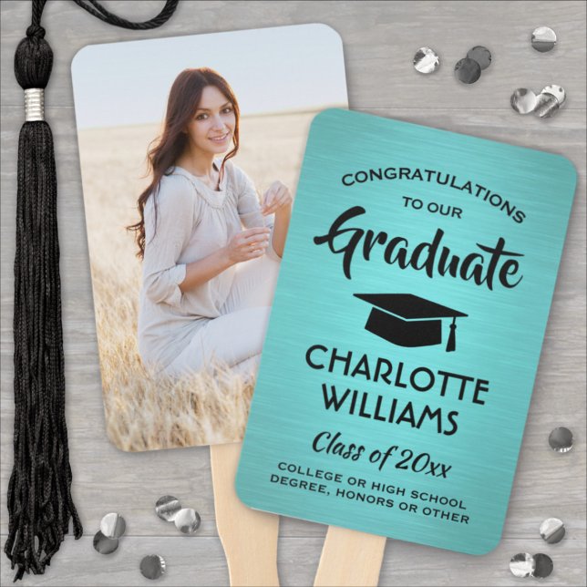 1 Photo Graduation Elegant Brushed Teal Blue Black Hand Fan (Creator Uploaded)