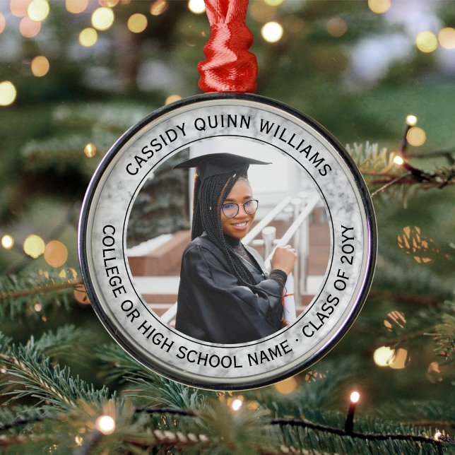 1 Photo Graduation Elegant Faux Marble Black White Metal Ornament (Creator Uploaded)