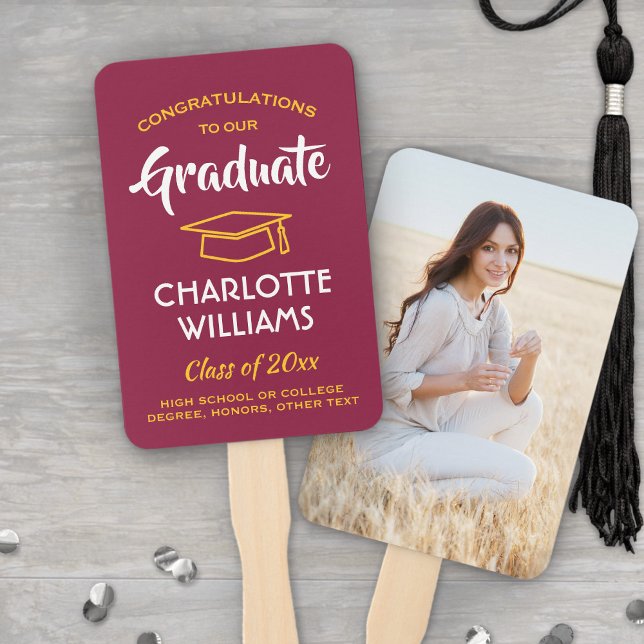 1 Photo Graduation Elegant Maroon Red Gold Yellow Hand Fan (Creator Uploaded)