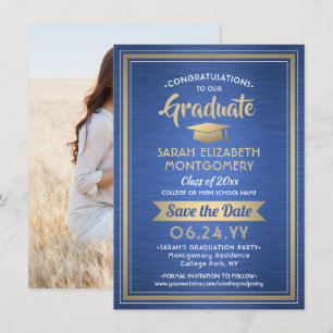 1 Photo Graduation Elegant Modern Blue White Gold Save The Date