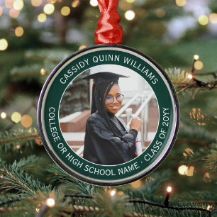 1 Photo Graduation Elegant Modern Dark Green White Metal Ornament