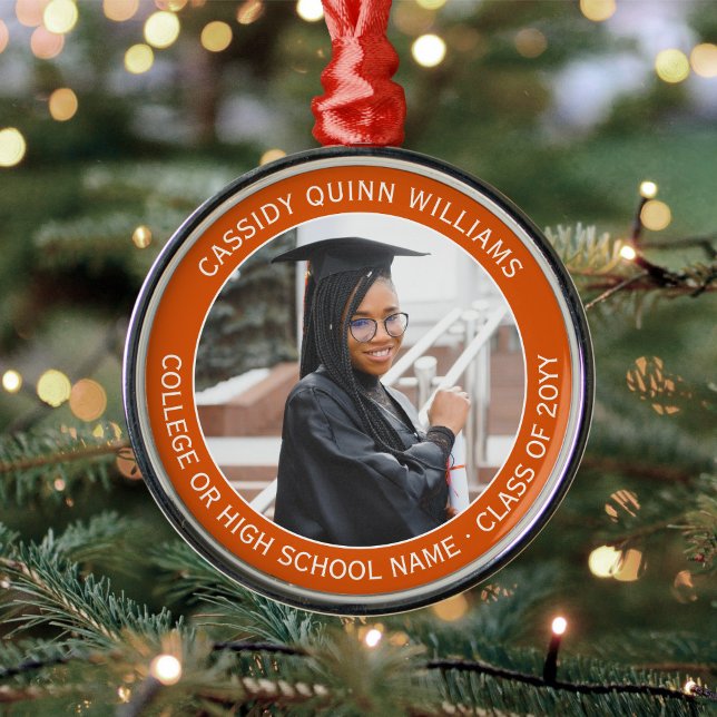 1 Photo Graduation Elegant Modern Orange and White Metal Ornament (Creator Uploaded)