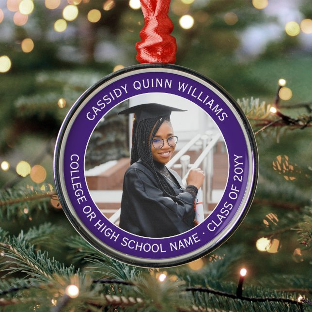 1 Photo Graduation Elegant Modern Purple and White Metal Ornament (Creator Uploaded)