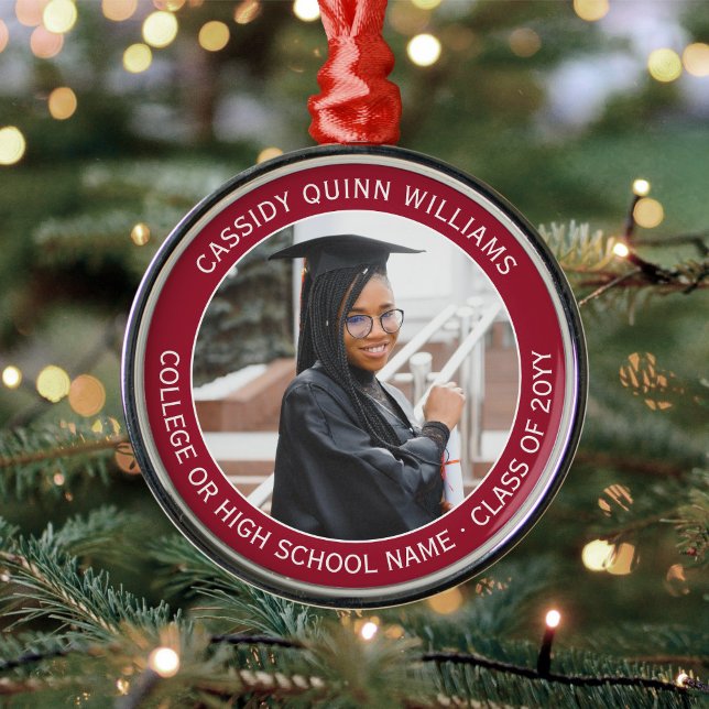 1 Photo Graduation Elegant Modern Red and White Metal Ornament (Creator Uploaded)