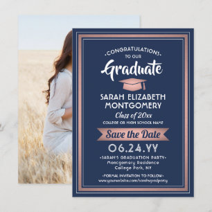 1 Photo Graduation Elegant Navy Blue and Pink Save The Date