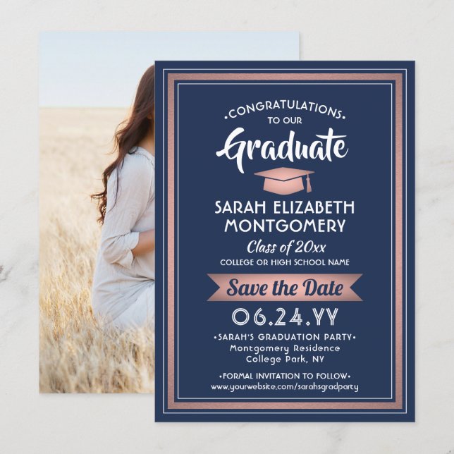 1 Photo Graduation Elegant Navy Blue and Pink Save The Date (Front/Back)