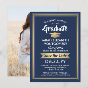1 Photo Graduation Elegant Navy Blue White & Gold Save The Date