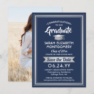 1 Photo Graduation Elegant Navy Blue White Silver Save The Date
