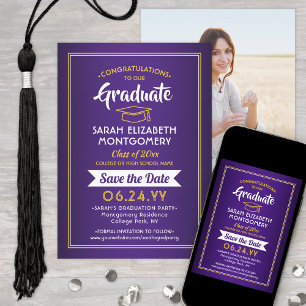 1 Photo Graduation Elegant Purple & Gold Yellow Save The Date
