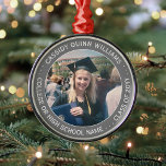 1 Photo Graduation Elegant Simple Grey and White Metal Ornament<br><div class="desc">Commemorate graduation day with a custom photo grey and white round acrylic Christmas ornament. Picture and all text are simple to customise. Include any favourite inspirational quote, motivational saying, school name and degree, congratulations, thanks mum and dad, or other message of your choice. (IMAGE & TEXT DESIGN TIPS: 1) To...</div>