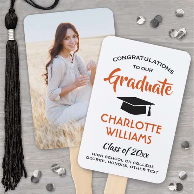 1 Photo Graduation Modern Orange White and Black Hand Fan (Creator Uploaded)