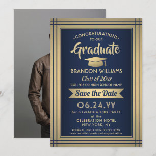 1 Photo Graduation Navy Blue Gold Faux Foil Modern Save The Date