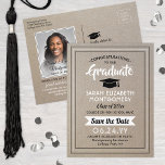 1 Photo Graduation Save the Date Faux Kraft Paper Announcement Postcard<br><div class="desc">Share the joyful news of your upcoming graduation party as well as a favourite picture with these black, white, and faux kraft paper save the date postcard invitations. Photo and all text are simple to customise. (IMAGE PLACEMENT TIP: An easy way to centre a photo exactly how you want is...</div>