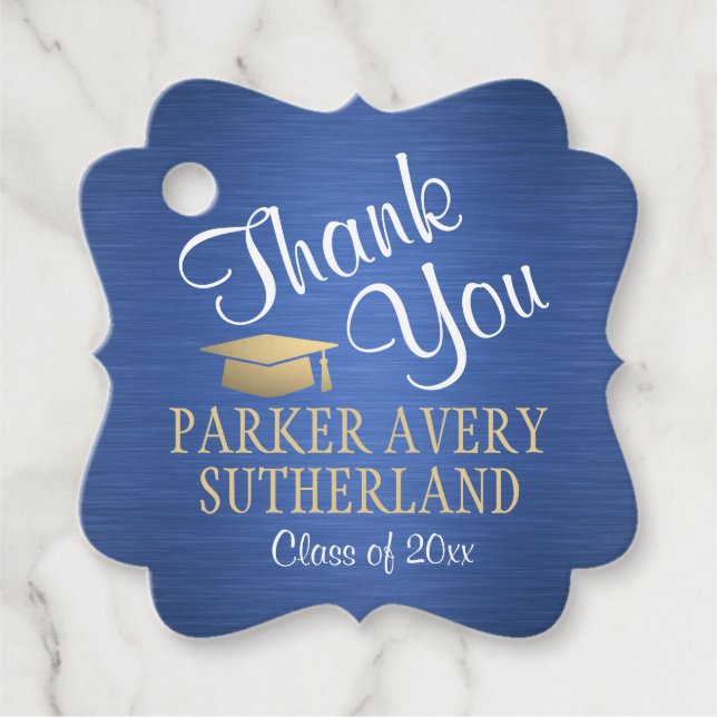 1 Photo Graduation Thank You Blue Gold White Fancy Favour Tags (Front)