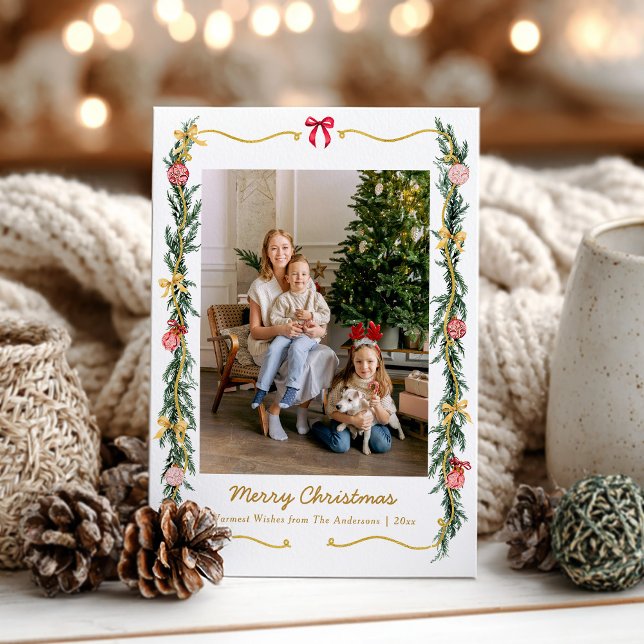1 Photo Grandmillennial Christmas Greenery & Bows Holiday Card (Creator Uploaded)