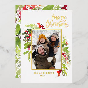 1 photo green foliage merry christmas  foil holiday card