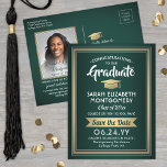 1 Photo Green Gold White Graduation Save the Date Announcement Postcard<br><div class="desc">Share the joyful news of your upcoming graduation party as well as a favorite picture with these elegant green, white and gold save the date postcard invitations. Photo and all text are simple to customize. (IMAGE PLACEMENT TIP: An easy way to center a photo exactly how you want is to...</div>