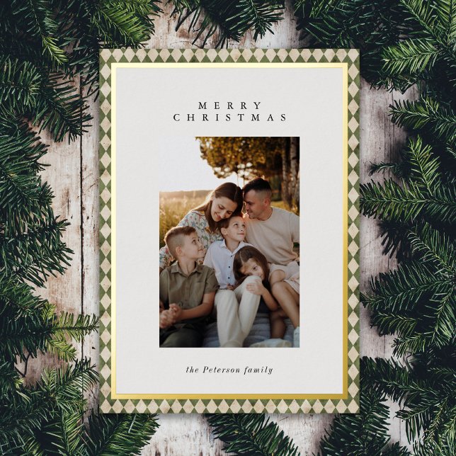 1 Photo Green Plaid Gold Foil Holiday Card (Creator Uploaded)