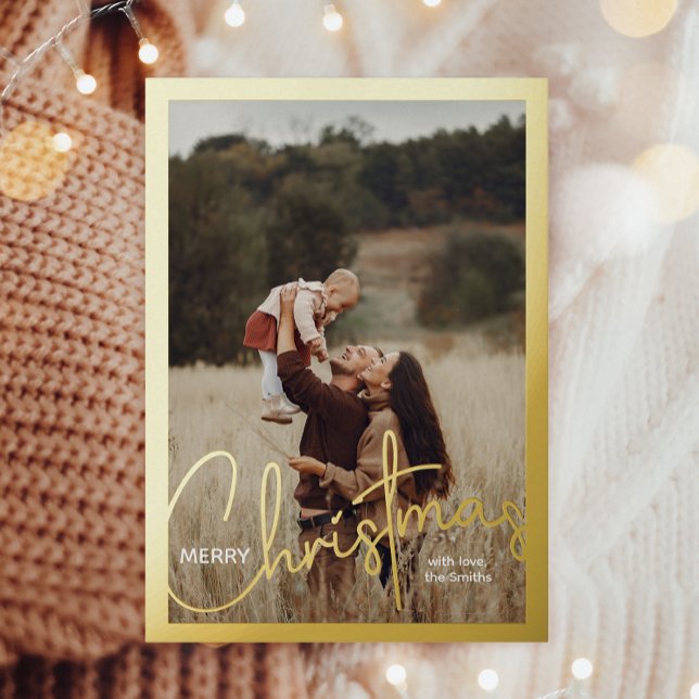 1 Photo Handwritten Script Merry Christmas Foil Holiday Postcard (Creator Uploaded)