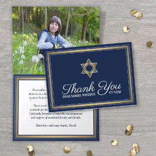 1 Photo Hebrew Name Bar Mitzvah Navy Gold Script Thank You Card