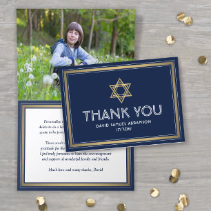 1 Photo Hebrew Name Bar Mitzvah Navy White & Gold Thank You Card