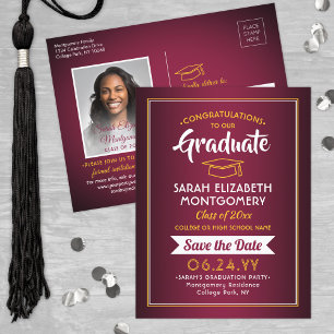 1 Photo Maroon Red & Gold Graduation Save the Date Announcement Postcard