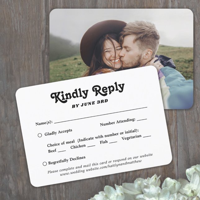 1 Photo Meal Options Retro Typography Wedding RSVP Card (Creator Uploaded)