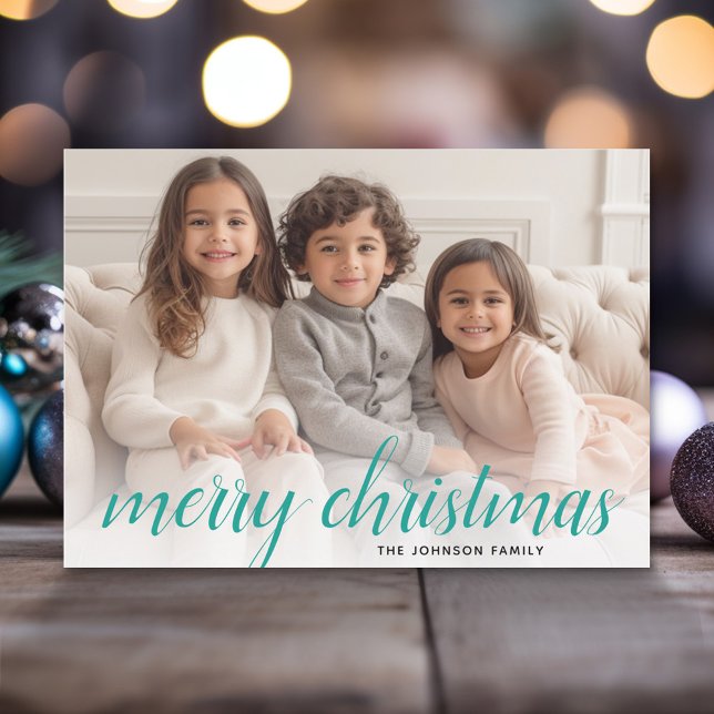 1 Photo Merry Christmas Script Teal Damask Holiday Card (Add 1 photo to this Online Christmas Card - A full photo with a modern script overlay.)