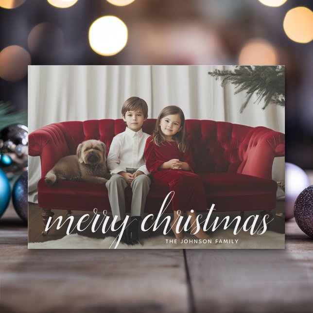 1 Photo Merry Christmas Script White Damask Holiday Card (Modern Christmas Photo Greeting Card)