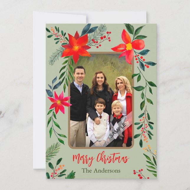  1 Photo Merry Christmas Watercolor Floral Holiday Card (Front)