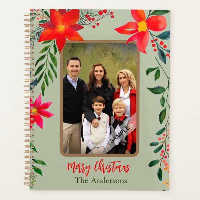  1 Photo Merry Christmas Watercolor Floral Holiday Planner (Front)