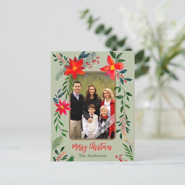  1 Photo Merry Christmas Watercolor Floral Holiday Postcard (Standing Front)