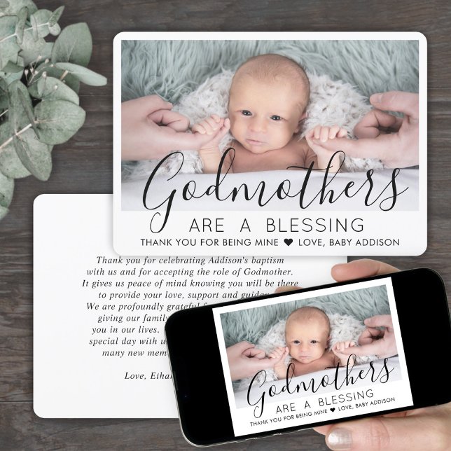 1 Photo Modern Baptism or Christening Godmother Thank You Card (Creator Uploaded)
