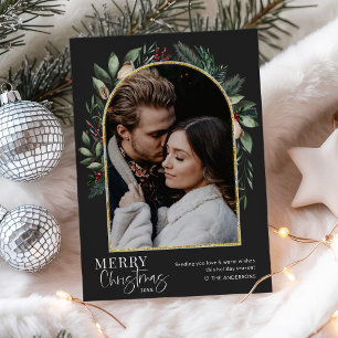 1 Photo Modern Greenery Gold Arch Merry Christmas Holiday Card
