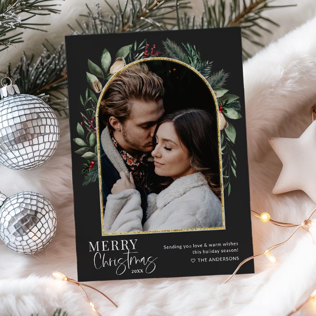 1 Photo Modern Greenery Gold Arch Merry Christmas Holiday Card (Creator Uploaded)
