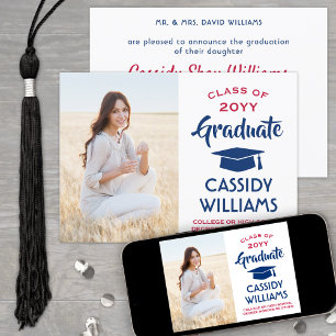 1 Photo Modern Red White and Blue Graduation Announcement