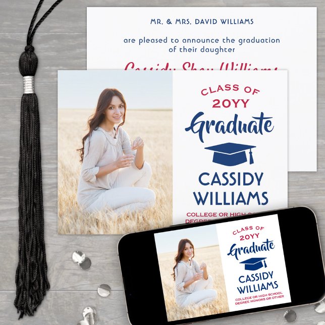 1 Photo Modern Red White and Blue Graduation Announcement (Creator Uploaded)
