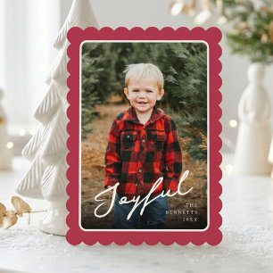 1 Photo Modern Scallop Frame Joyful Christmas Holiday Card
