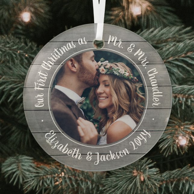 1 Photo Mr & Mrs First Christmas Faux Grey Wood Glass Tree Decoration (Creator Uploaded)