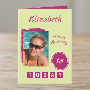 1 photo name pink green 18th birthday card