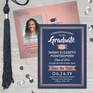 1 Photo Navy & Rose Gold Graduation Save the Date Announcement Postcard