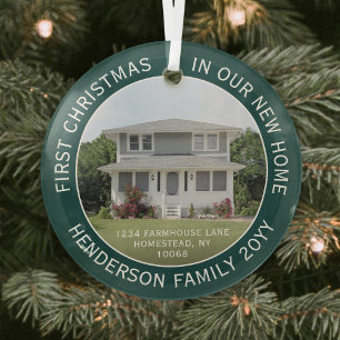 1 Photo New Home Address First Christmas Green Glass Tree Decoration