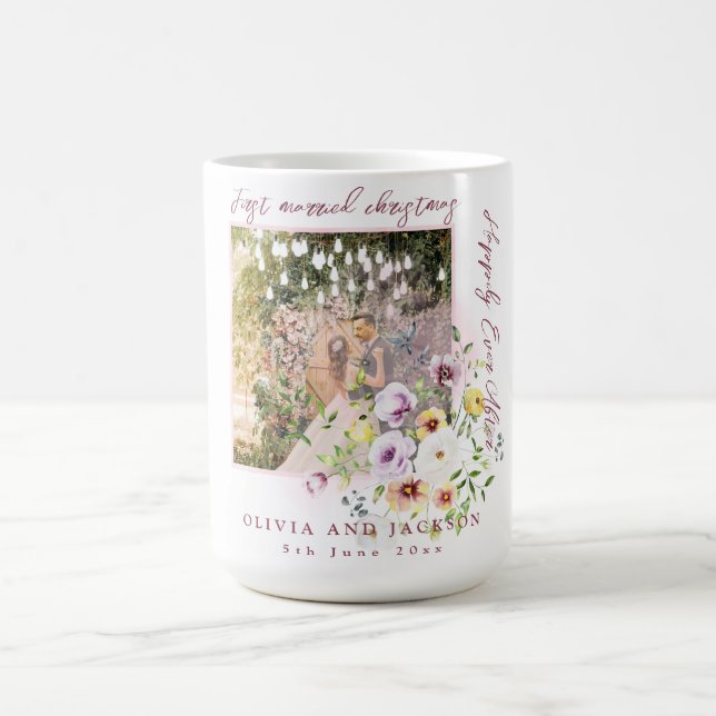 1 Photo Newlyweds 1st Married Christmas Pink Text Coffee Mug (Center)