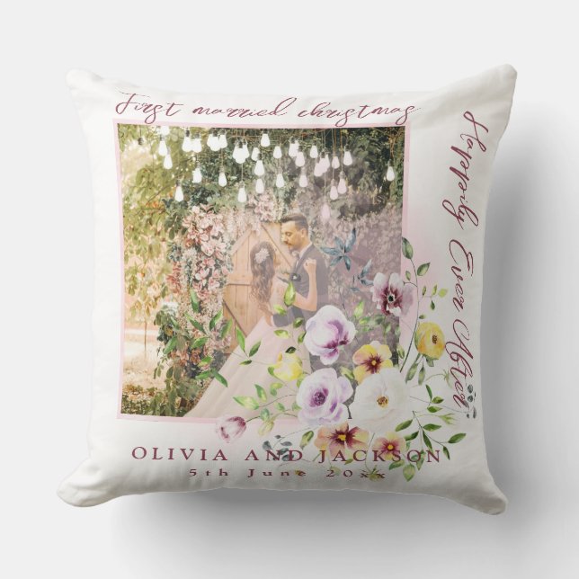 1 Photo Newlyweds 1st Married Christmas Pink Text Cushion (Front)