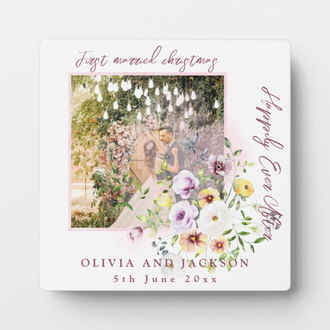 1 Photo Newlyweds 1st Married Christmas Pink Text Plaque (Front)