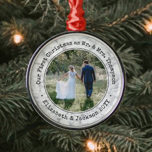 1 Photo Newlyweds First Christmas Faux Marble Metal Ornament