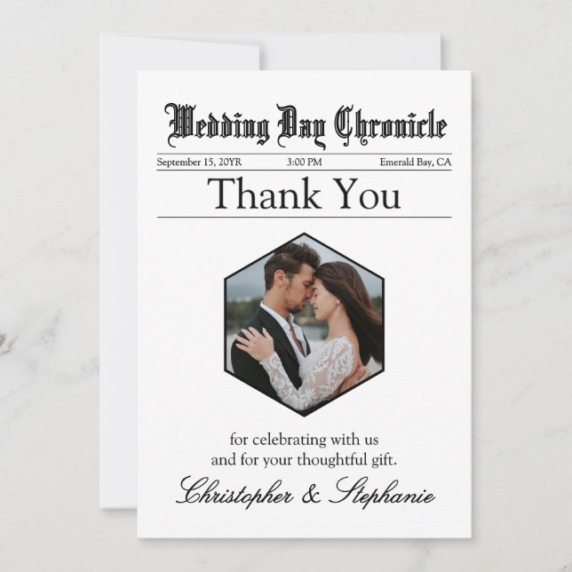 1 Photo Newspaper Wedding Elegant Script Custom Thank You Card (Front)