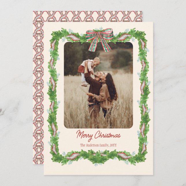 1 photo plaid bow rustic Christmas Photo Holiday Card (Front/Back)