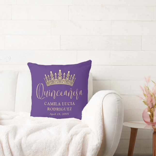 1 Photo Quinceañera Crown Purple and Gold Keepsake Cushion (Couch)