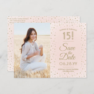 1 Photo Quinceanera Save the Date Pink and Gold Invitation Postcard